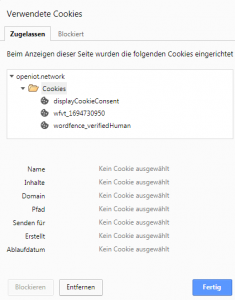 Screenshot of cookies that are created while browsing openiot.network